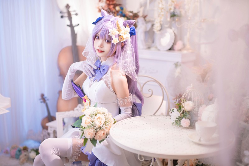 艾西Aiwest 刻晴花嫁Cosplay写真图集 原神刻晴婚纱高清图集 40P (223.2M)插图9