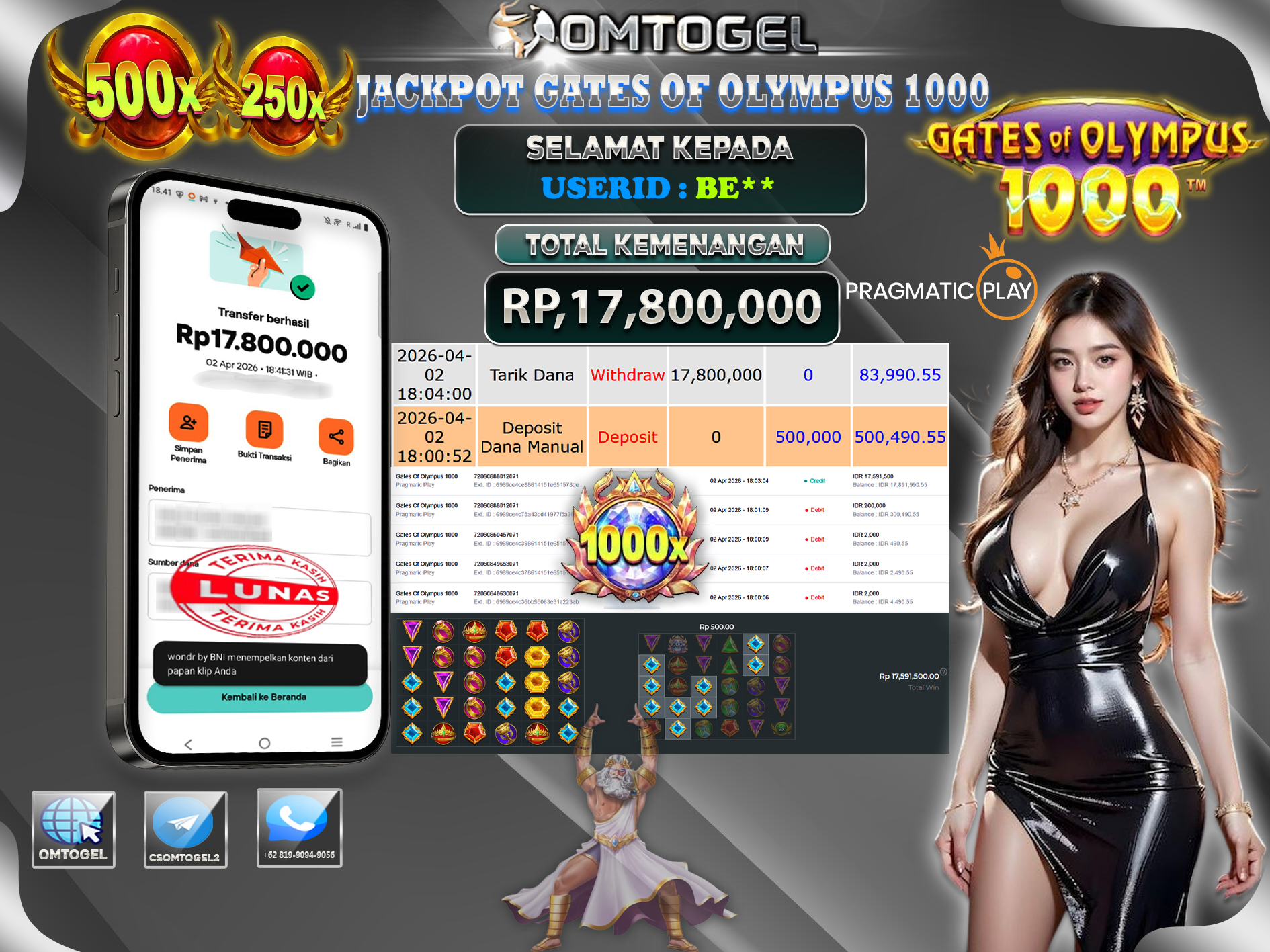 OMTOGEL JACKPOT PRAGMATIC PLAY GATES OF OLYMPUS 1000,17 JUTA DI BAYAR LUNAS ,-