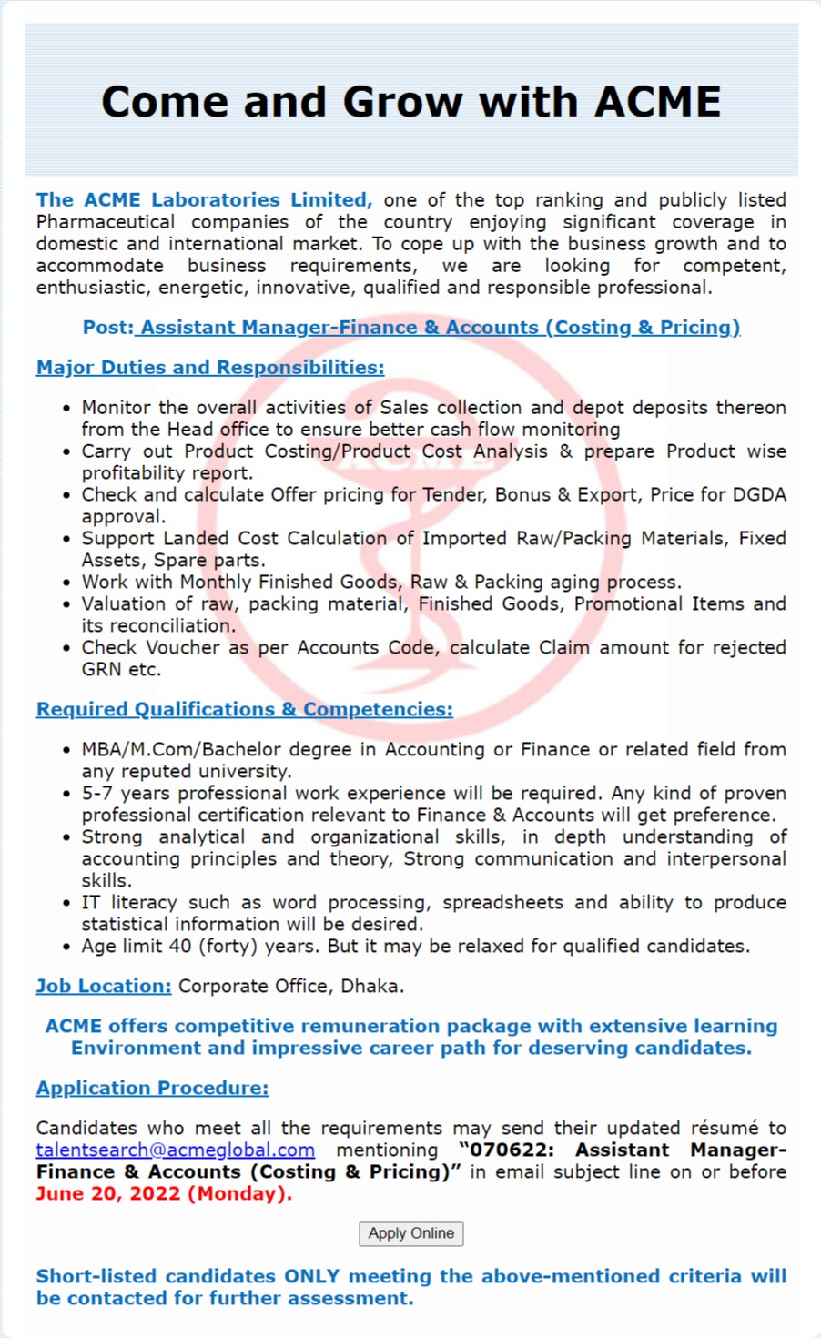 ACME Laboratories Limited Job Circular 2022 Picture
