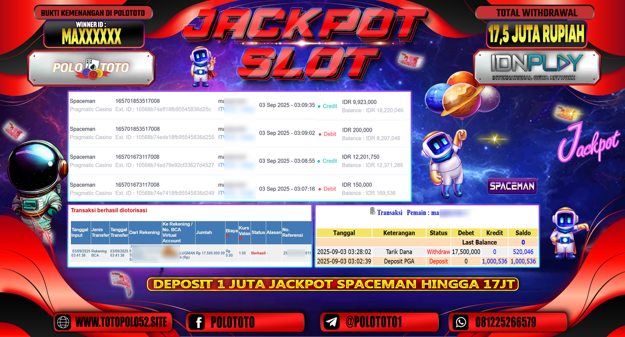 POLOTOTO JACKPOT SLOT SPACEMAN Rp.17.500.000,-