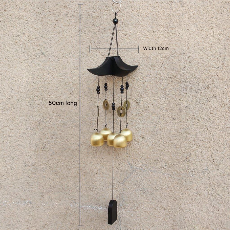 Brass Wind Chime with Wooden Pagoda Top – Elegant Metal Door & Home Decor Ornament