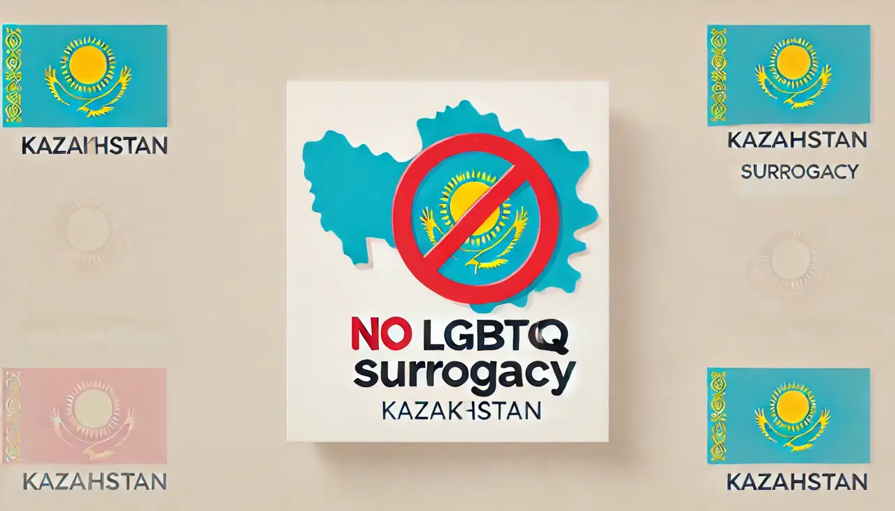 Illustration of a map of Kazakhstan with 'No LGBTQ Surrogacy' symbol, representing legal restrictions on surrogacy for LGBTQ individuals.