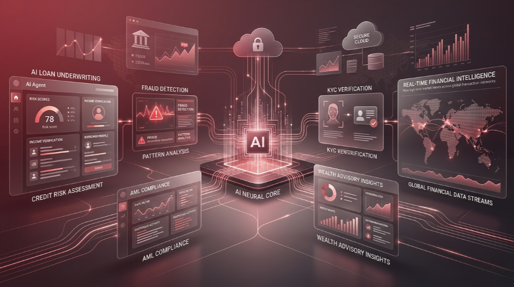 AI in banking 2026: real-world use cases in loan underwriting, fraud detection, AML compliance, and wealth advisory.