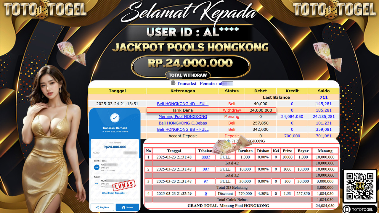 Bukti Pembayaran Jackpot  Permainan Togel Pools Hongkong ID:AL**** LUNAS