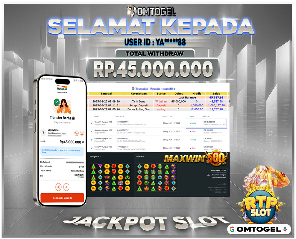OMTOGEL JACKPOT PRAGMATIC PLAY GATES OF OLYMPUS 1000 45 JUTA DI BAYAR LUNAS ,-