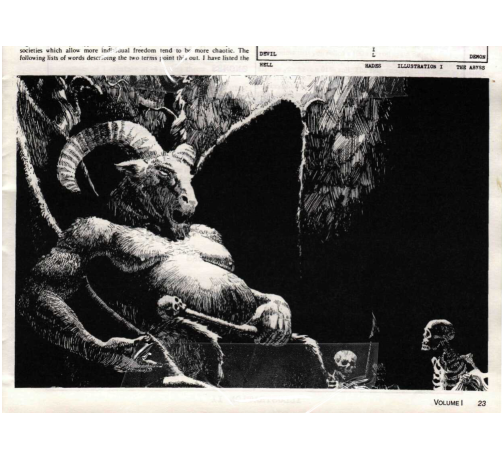 black-and-white illustration of a devil lounging amongst his skeletal minions, taken from an AD&D scenario.