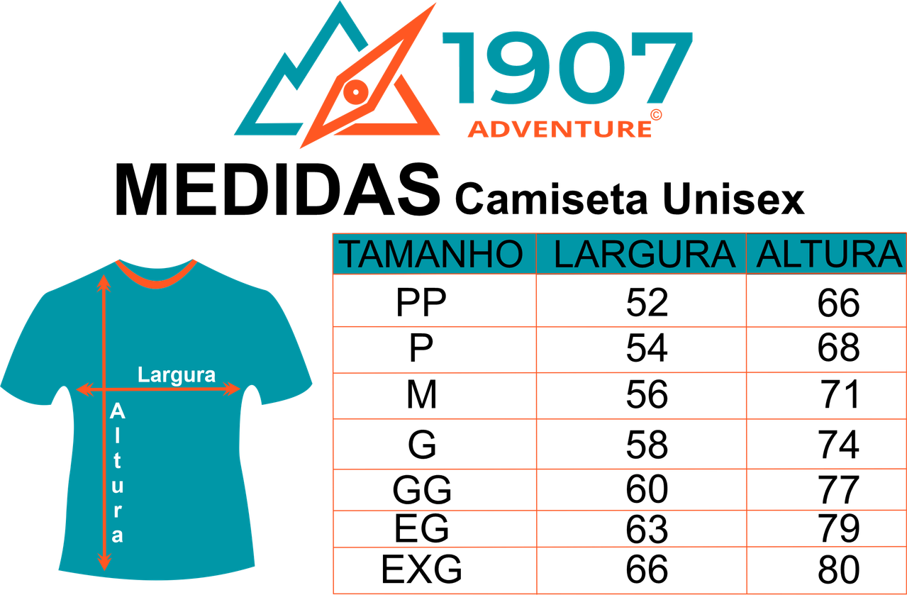 Tabela de Tamanho 1907 Adventure - Medidas Camiseta Unisex PP ao EXG