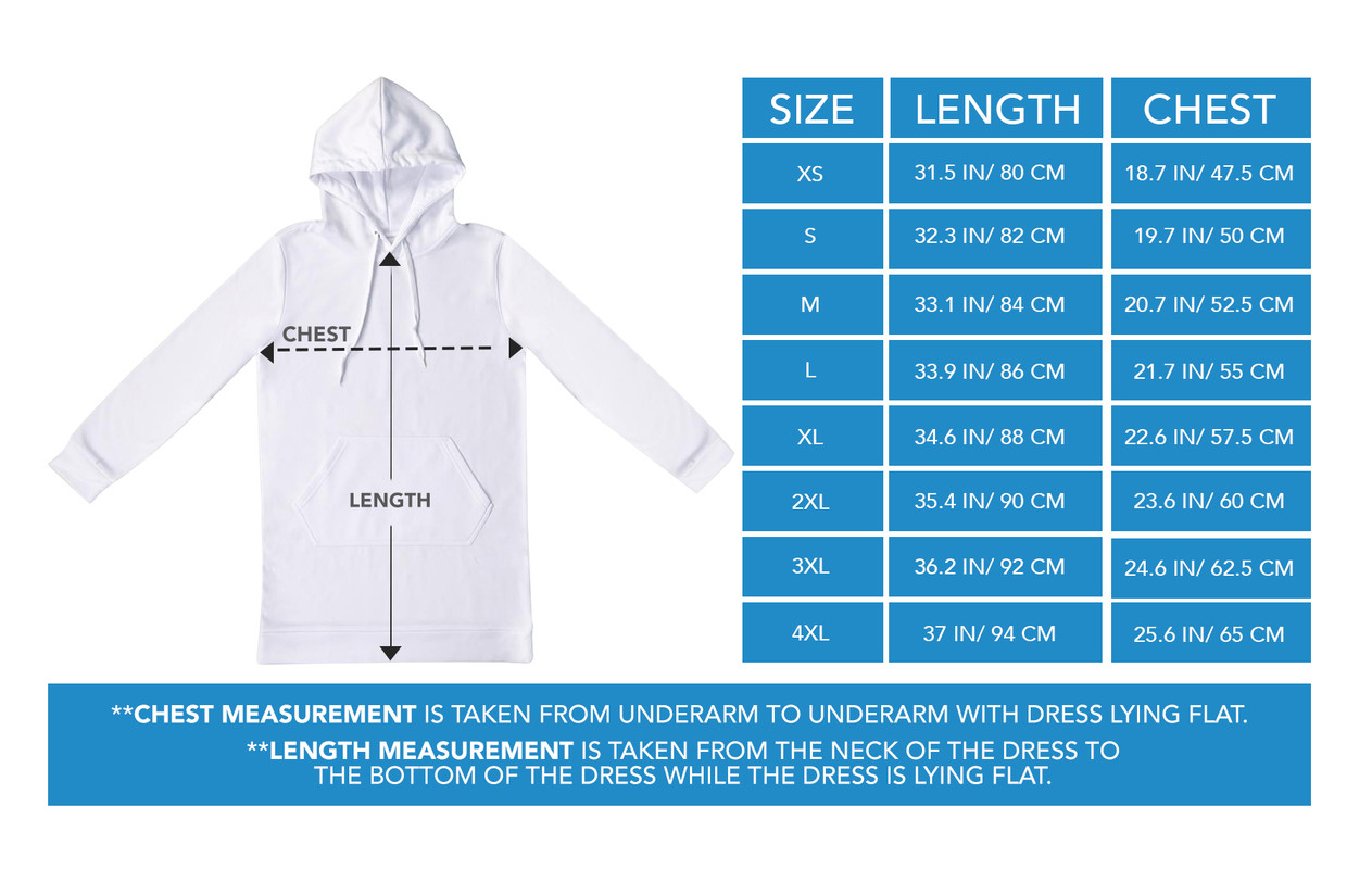 Motocross Hoodie Dress sizing chart