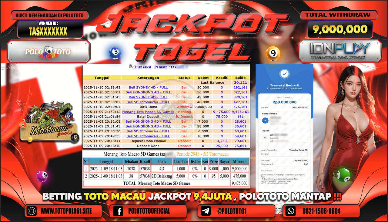 POLOTOTO JACKPOT TOGEL MENANG TOTO MACAU 5D GAMES Rp.9.000.000,- LUNAS