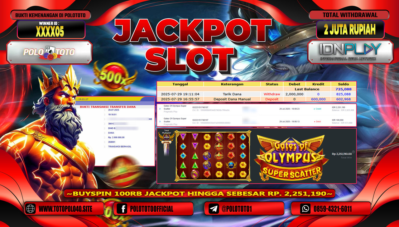 POLOTOTO JACKPOT SLOT GATES OF OLYMPUS SUPER SCATTER Rp.2.000.000,- LUNAS
