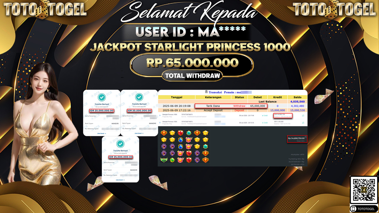 Bukti Pembayaran Jackpot Permainan Slot Starlight Princess 1000 ID:MA***** LUNAS