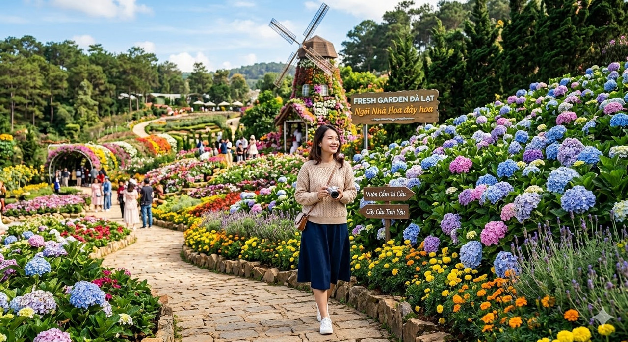 Cánh đồng hoa cẩm tú cầu và hướng dương