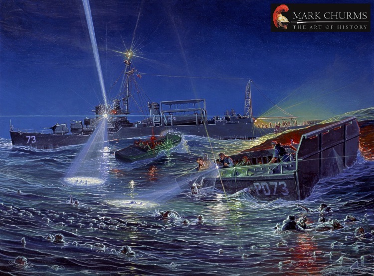 Los tripulantes del USS Indianapolis son al fin rescatados por el destructor USS Cecil Doyle, tras ser descubiertos por un Ventura PV-1 y un Consolidated PBY Catalina