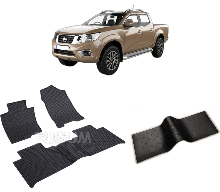 Set covorase auto NISSAN NAVARA din 01.2016-2022, cu covoras tunel median, CAROSERIE PICK-UP, Presuri cauciuc 100%, compatibil cu autoturismul NISSAN NAVARA, Rigum
