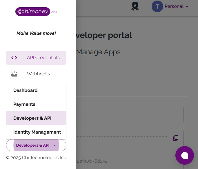 Chimoney Developer Portal Navigation