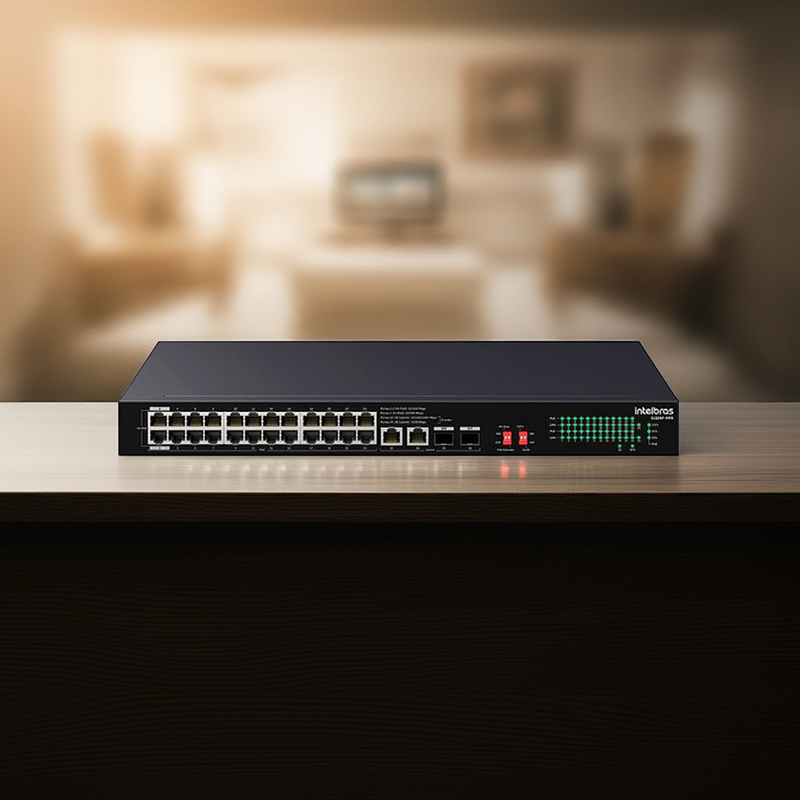 Switch Intelbras S1126F-HPA em ambiente de escritório com câmeras IP