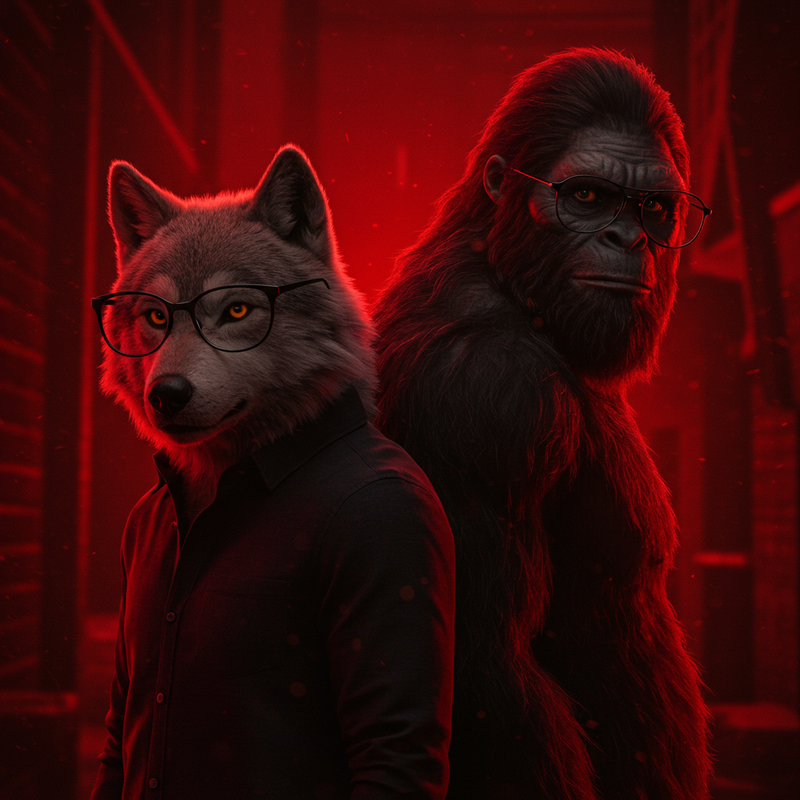 A wolf and a sasquatch wearing glasses standing back to back, looking distinguished but menacing in a dark, film noir style.