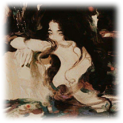 An oil painting of a woman. she is very pale with black hair and is turning her back towards the viewer. She is looking at you over her shoulder.