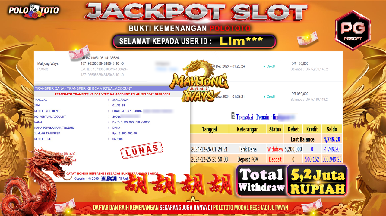 POLOTOTO JACKPOT SLOT MAHJONG WAYS Rp.5,200.000,-