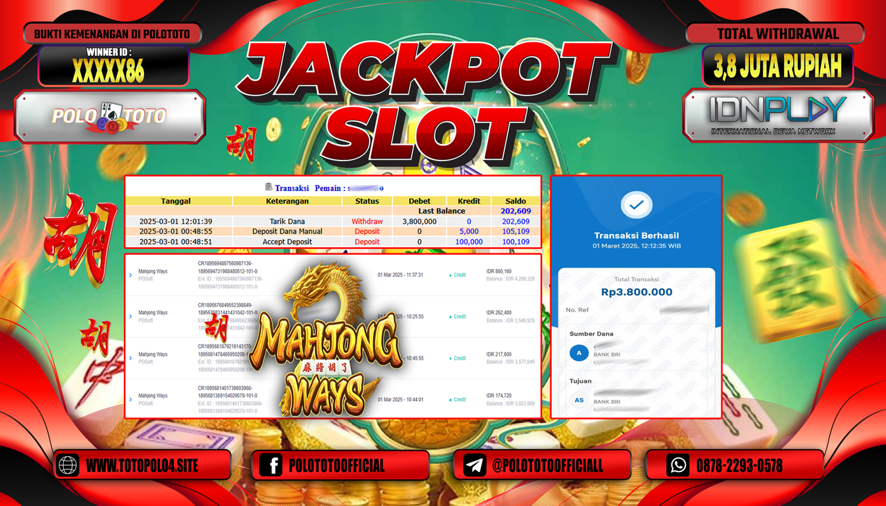 POLOTOTO JACKPOT SLOT MAHJONG WAYS Rp.3.800.000,-