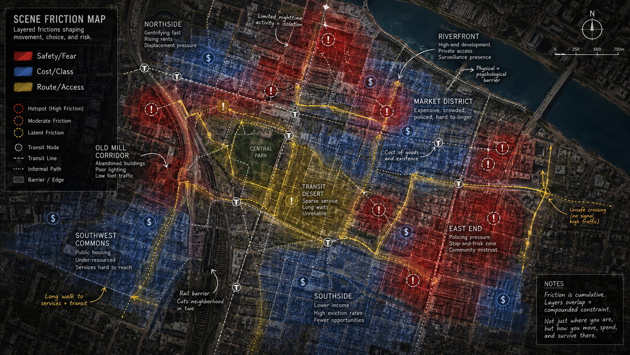 A prompt-planning workspace focused on practical city pressures such as route, access, timing, sound, and misread cues