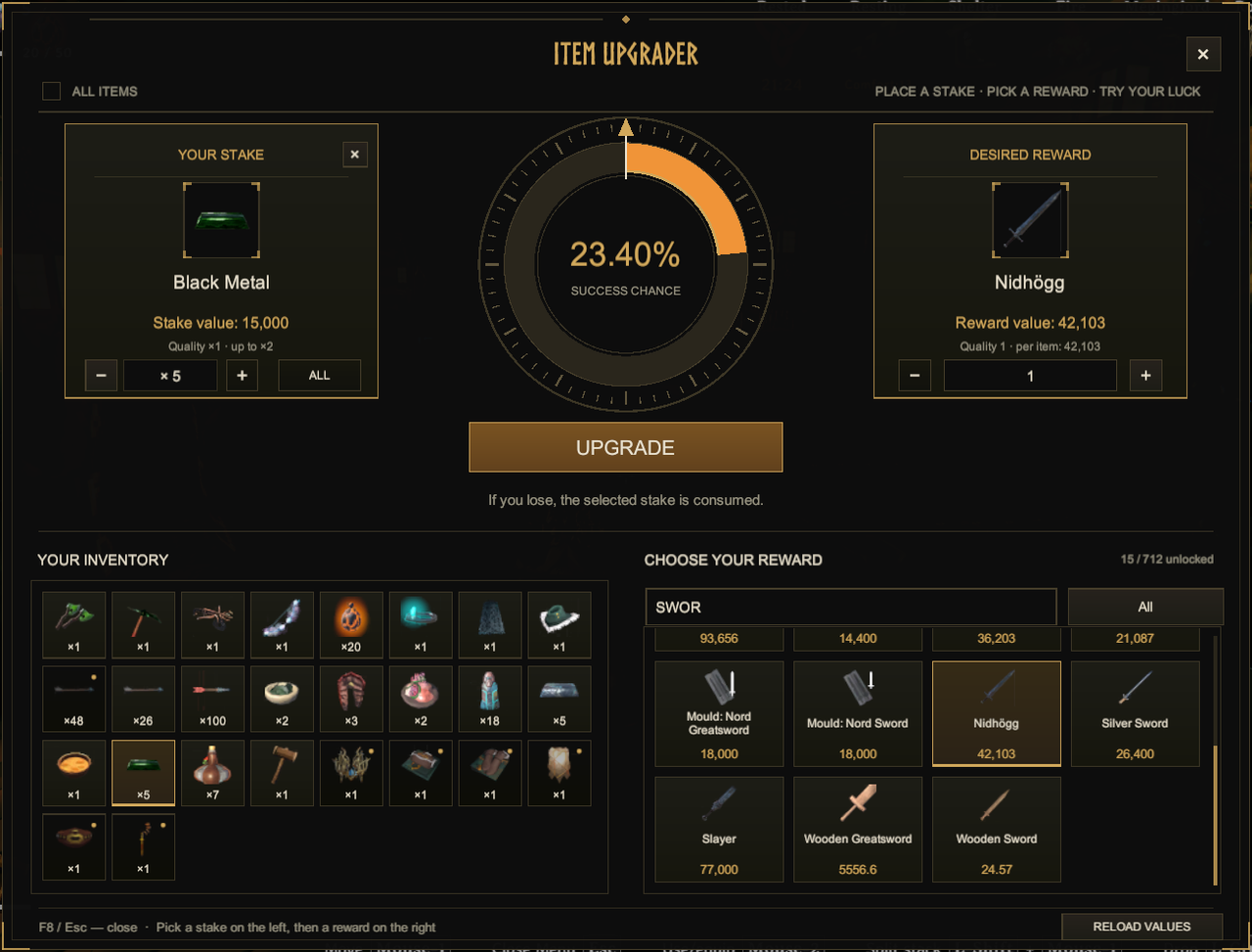 Item Upgrader in-game menu showing the stake, reward and success wheel