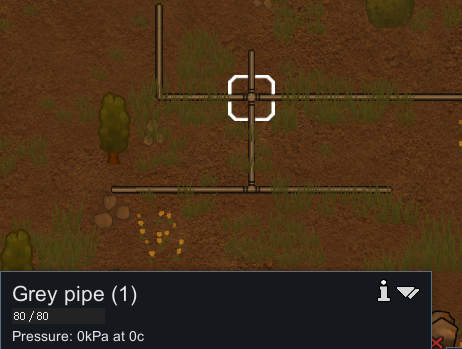 A gas pipe selected in Rimworld, showing its pressure and contents.