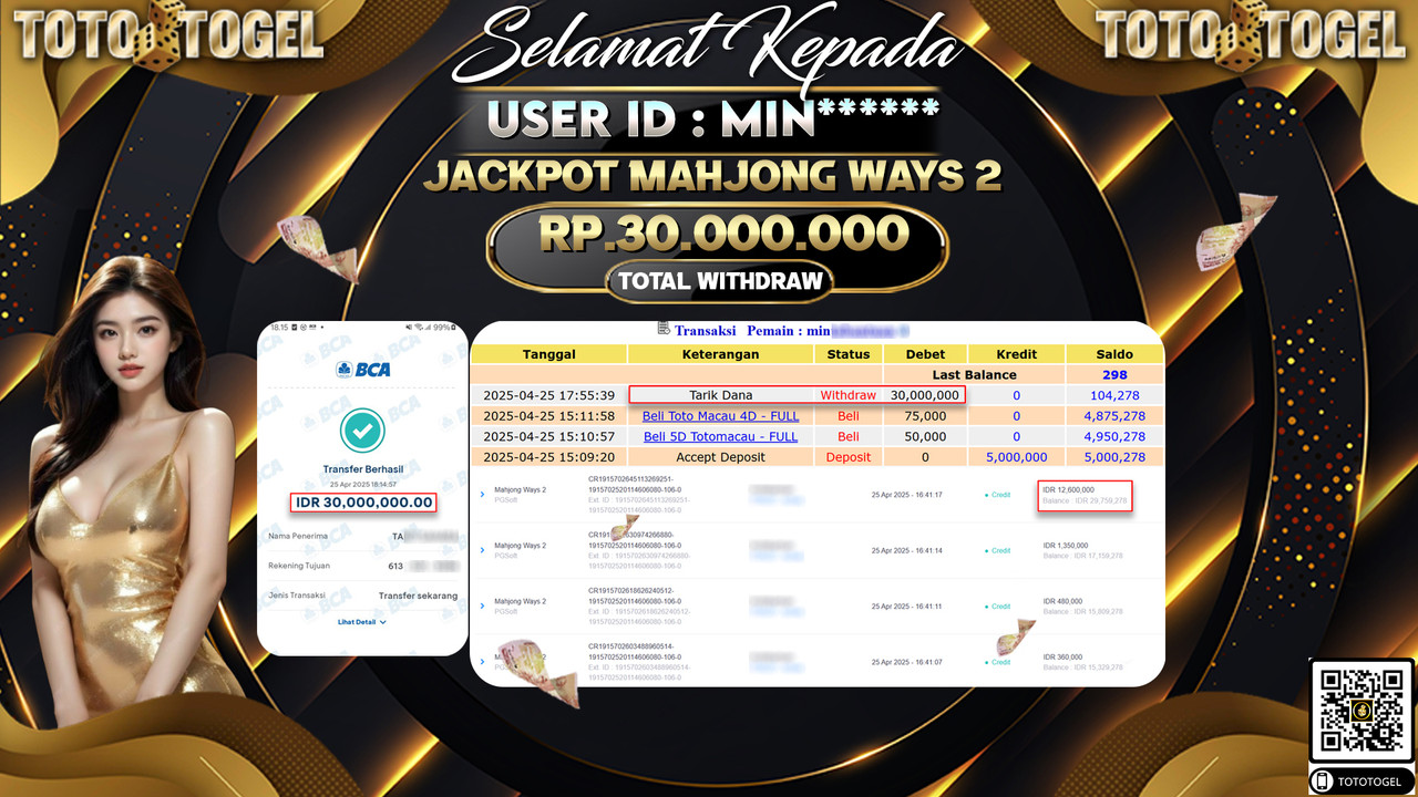 Bukti Pembayaran Jackpot  Permainan Slot Mahjong Ways 2 ID:MIN***** LUNAS