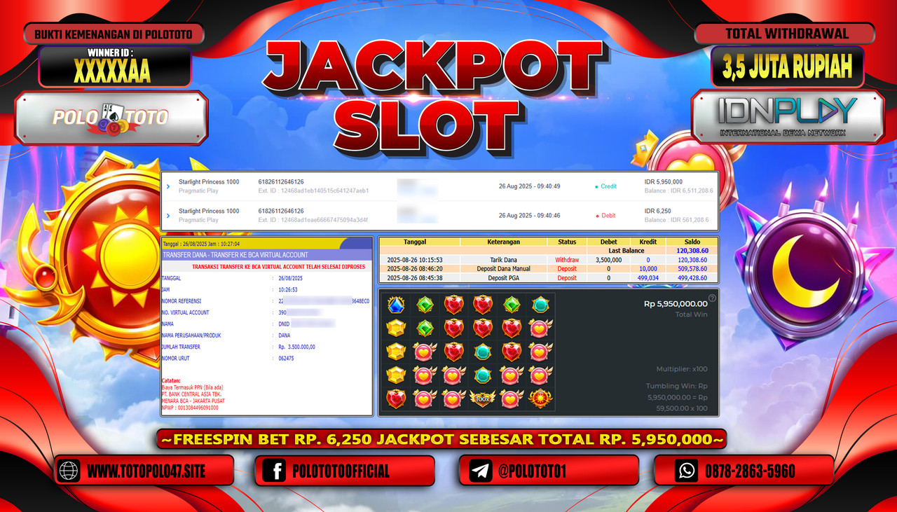 POLOTOTO JACKPOT SLOT STARLIGHT PRINCESS 1000 Rp.3.500.000,- LUNAS