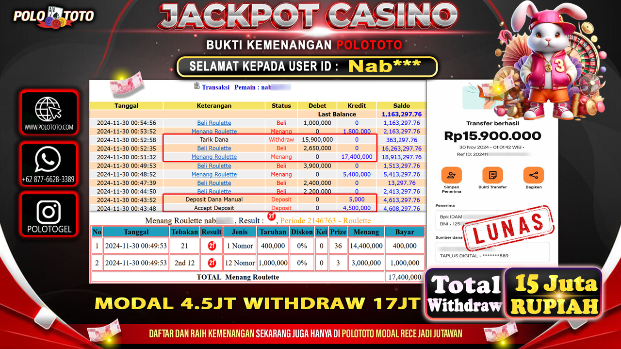 POLOTOTO JACKPOT LIVE GAME CASINO ROULETTE Rp.15,900.000,-