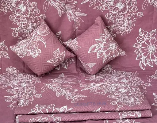ST 5pc bedsheet set (1King size Bedsheet + 2 Pillow Covers (WITH ZIP)with Embroidery+ 2 Cushion Cover (WITH ZIP)with Embroidery with filler) Heavy Quality Multicolor QUILTED five piece set (R604)