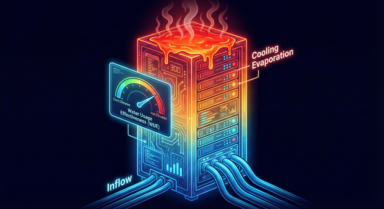 Heat map of a server rack showing cooling evaporation and water usage effectiveness gauge