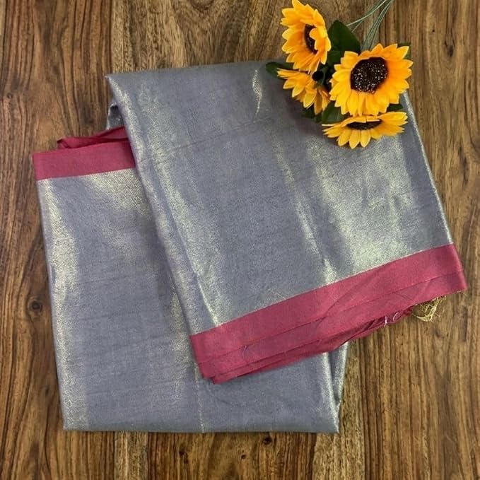 Women's Tissue Linen Saree with Temple Border & Unstitched Blouse Piece
