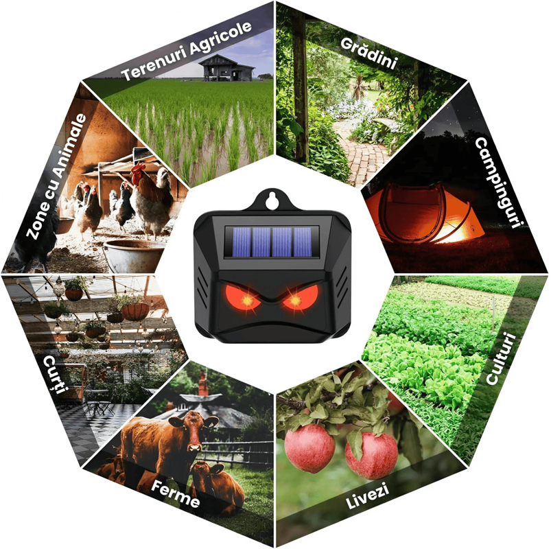 Dispozitiv solar de alungare a animalelor, Repelent pentru animale salbatice cu LED rosu, Protectie gradina impotriva daunatorilor, Aparat anti-coiot, raton, caprioara, vulpe, Solutie ecologica pentru protectia curtii, Dispozitiv de speriat pradatorii nocturni, Aparat de protectie pentru cotet de gaini, Repelent uman si sigur pentru animale, Dispozitiv de descurajare a animalelor cu energie solara, Aparat de protectie a fermei impotriva daunatorilor
