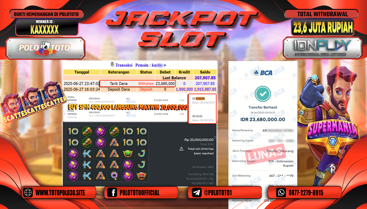 POLOTOTO JACKPOT SLOT MANIA SUPERMANIA Rp.23.680.000,-