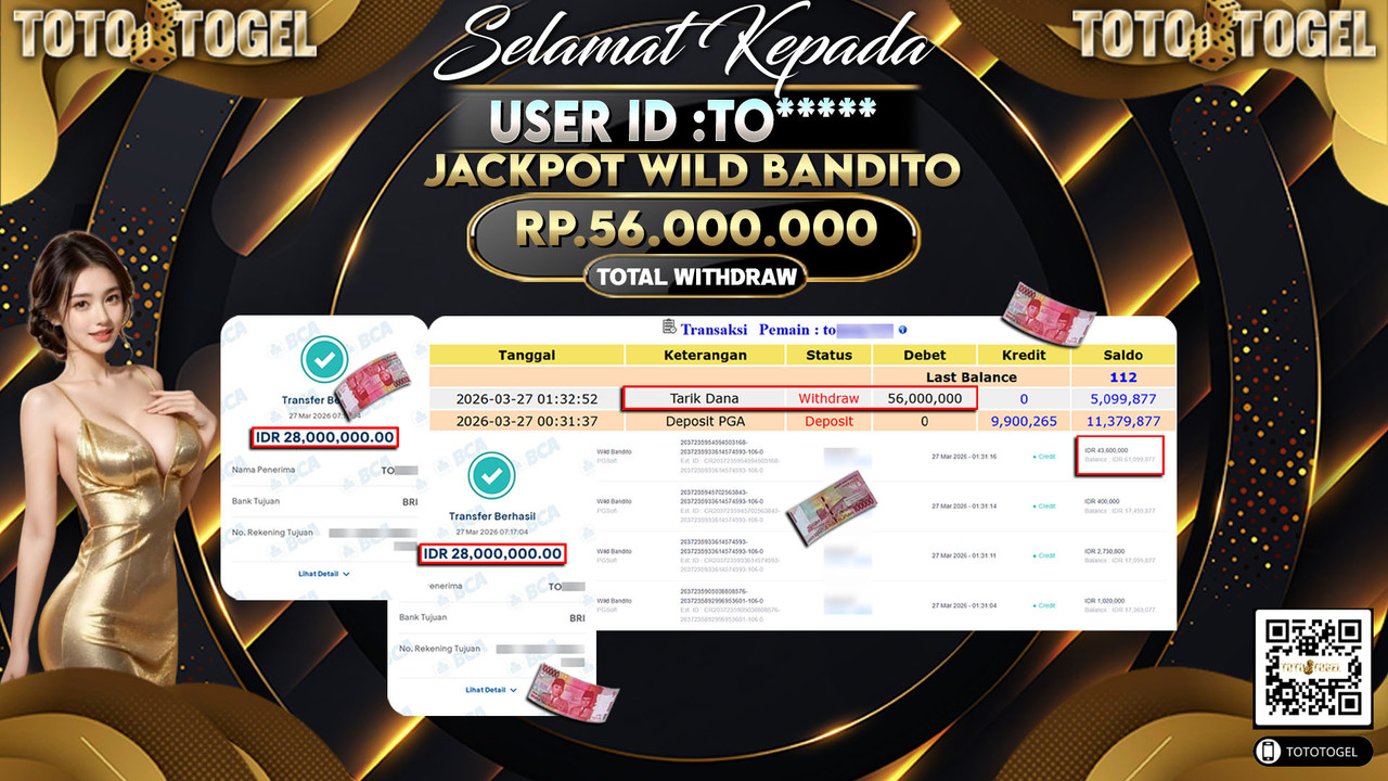 Bukti Pembayaran Jackpot Permainan Slot Wild Bandito ID:TO*****LUNAS
