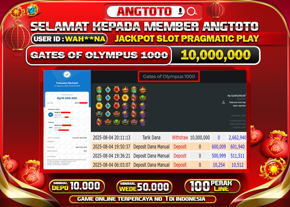 BUKTI PELUNASAN 4 AGUSTUS 2025 MENANG DI PERMAINAN GATES OF OLYMPUS 1000 TOTAL WD 10 JUTA