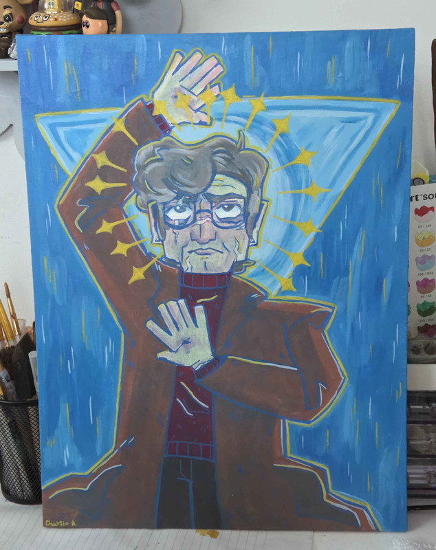 An acrylic painting of Stanford Pines from Gravity Falls. He stands with one hand at his chest and one above his head, both palms out. He has a mostly neutral, but slightly jaded expression. The portal is in the background behind him, bathed in blue, and Ford's head is surrounded by a ring of four-pointed stars.