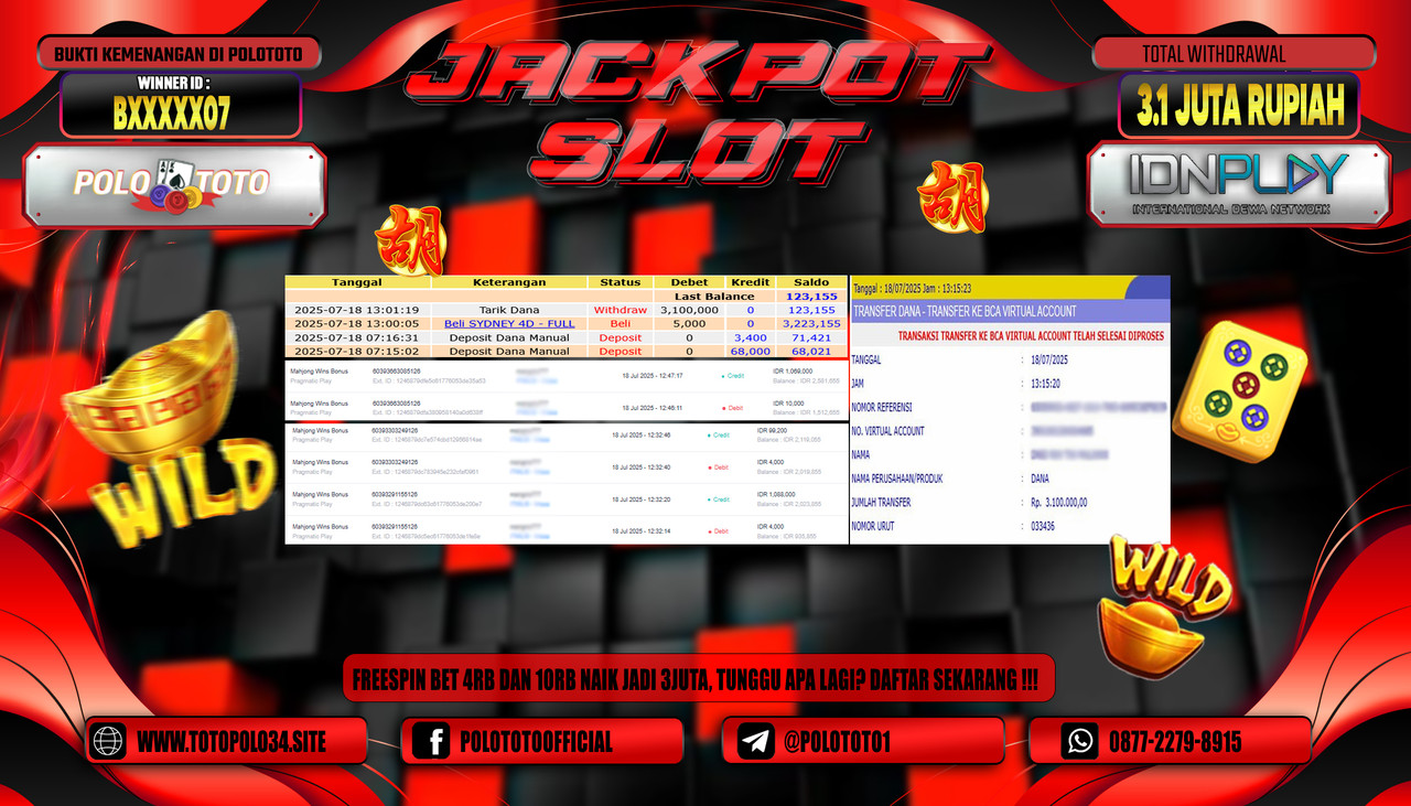 POLOTOTO JACKPOT SLOT MAHJONG WINS BONUS Rp.3.100.000,- LUNAS