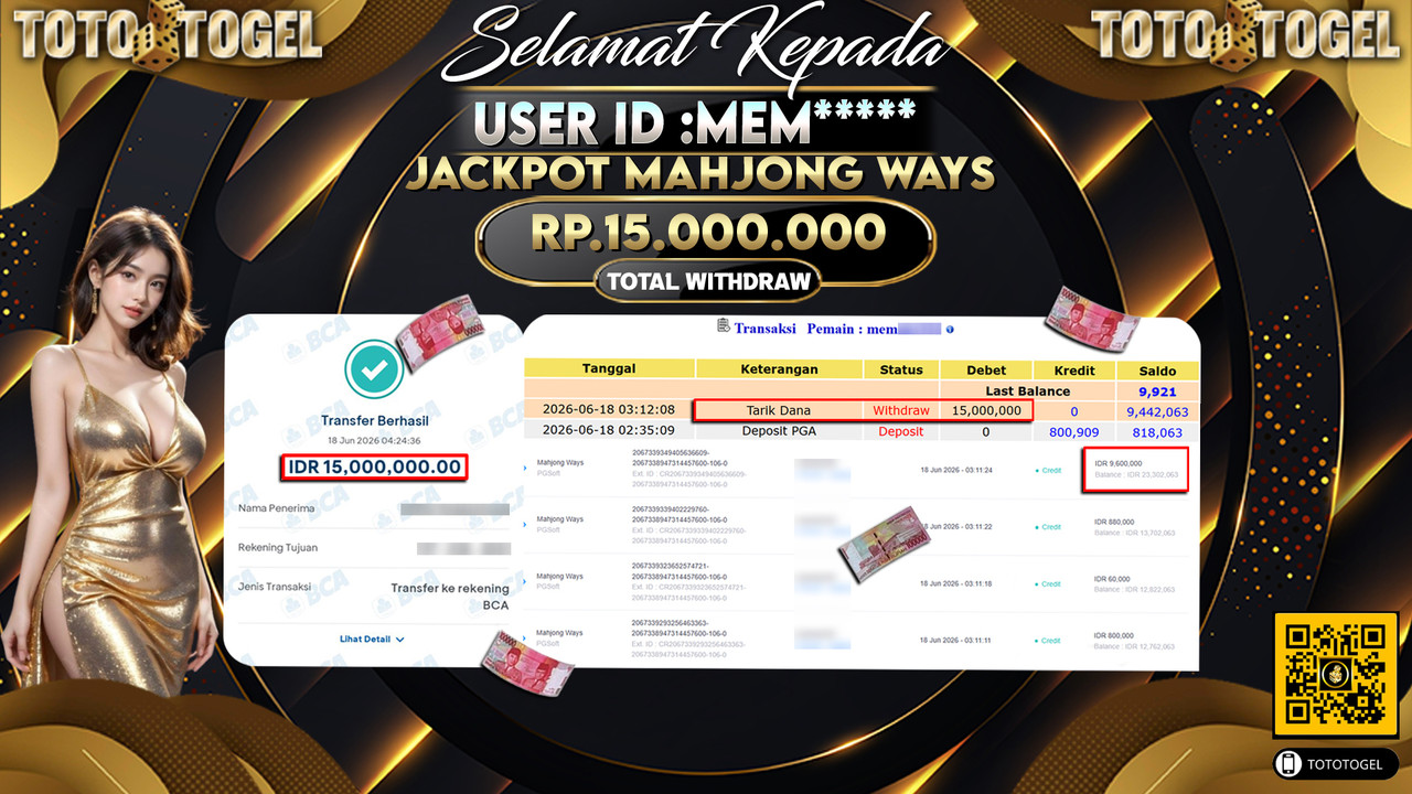 Bukti Pembayaran Jackpot Permainan Slot Mahjong Ways ID:MEM*****LUNAS