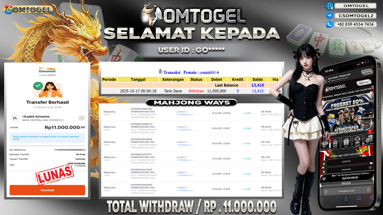 OMTOGEL JACKPOT PGSOFT MAHJONG WAYS 11 JUTA DI BAYAR LUNAS ,-