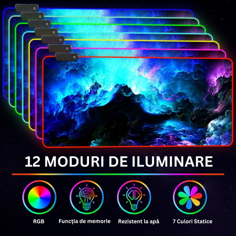 Голяма гумирана подложка за мишка, за игри, бюро, офис, с RGB LED осветление, неплъзгаща се, шевове против разкъсване, водоустойчива, модел на вълни, включен USB кабел, 80 x 30 см, многоцветен