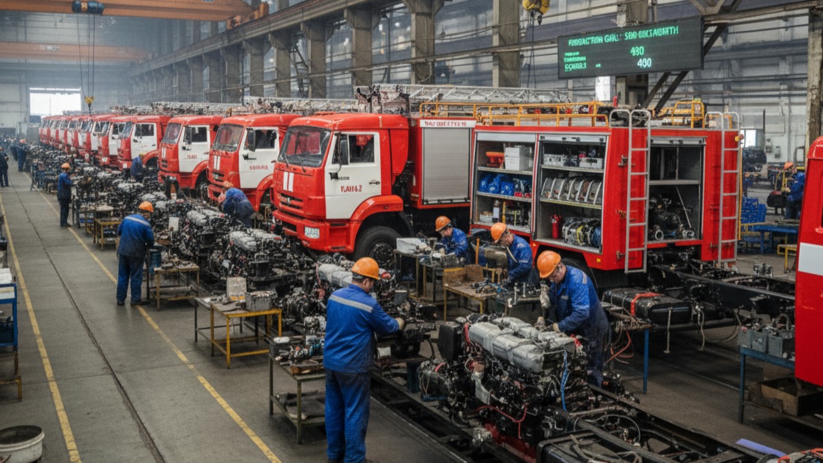 Производственная линия сборки пожарных автомобилей КамАЗ на российском заводе