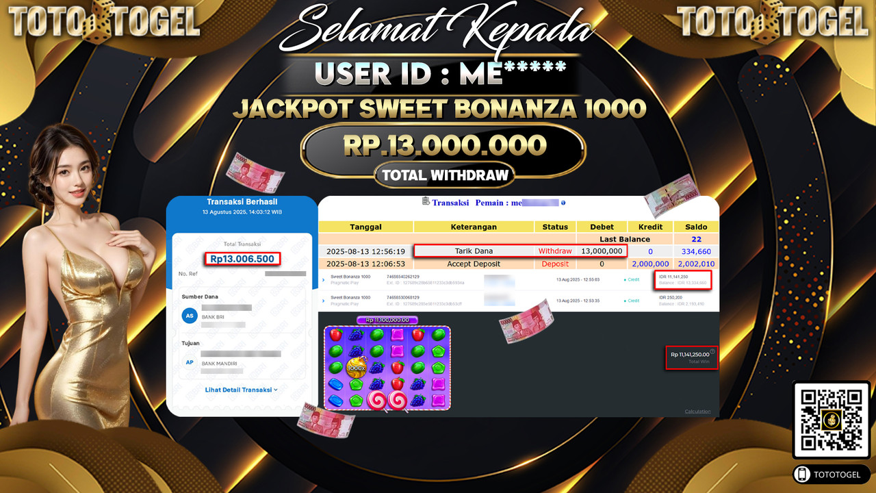 Bukti Pembayaran Jackpot Permainan Slot Sweet Bonanza 1000 ID:ME***** LUNAS