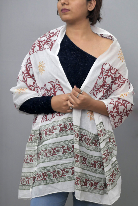 Maroon Floral & Mustard Star Handblock Printed Cotton Stole