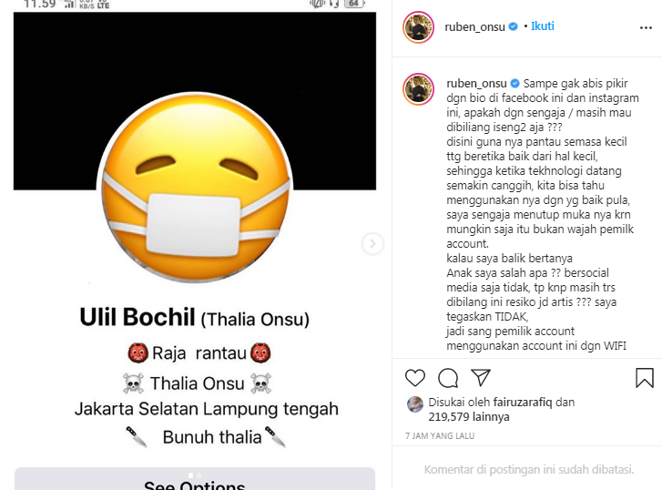 Ruben Onsu mengunggah tangkapan layar media sosial milik oknum yang membully anaknya
