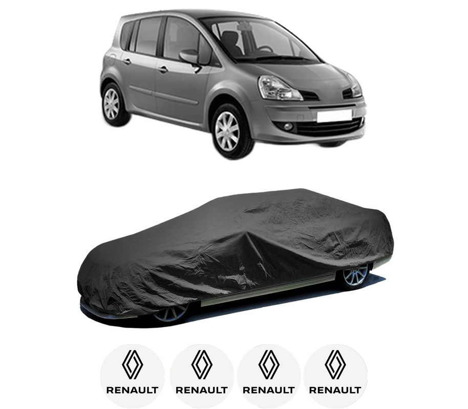 Husa tip prelata auto pentru RENAULT MODUS / GRAND MODUS (F/JP0_) din 2004-2012, Culoare Negru, material textil impermeabil, rezistanta la intemperii praf UV, CARPASSION Husa Protectie, 4 Stickere auto cu RENAULT
