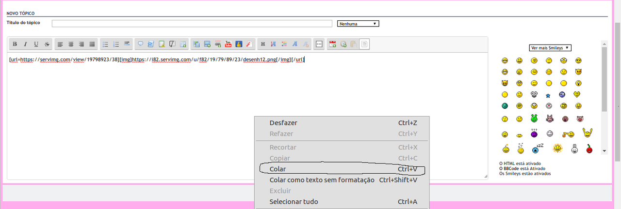 toturial adicionar imagem num tópico (post) Colar-link
