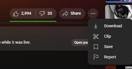 A cropped youtube screenshot with a drop down menu with download clip save and report at the very bottom