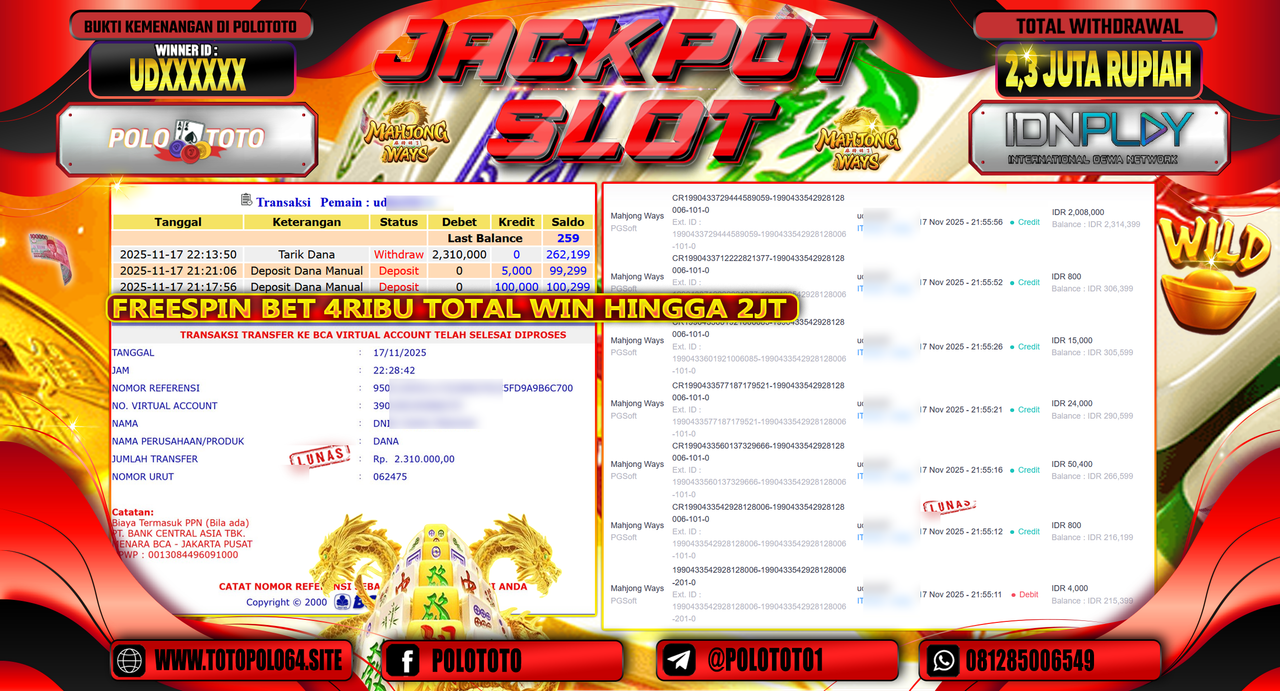 POLOTOTO JACKPOT SLOT MAHJONG WAYS Rp.2.300.000,- LUNAS